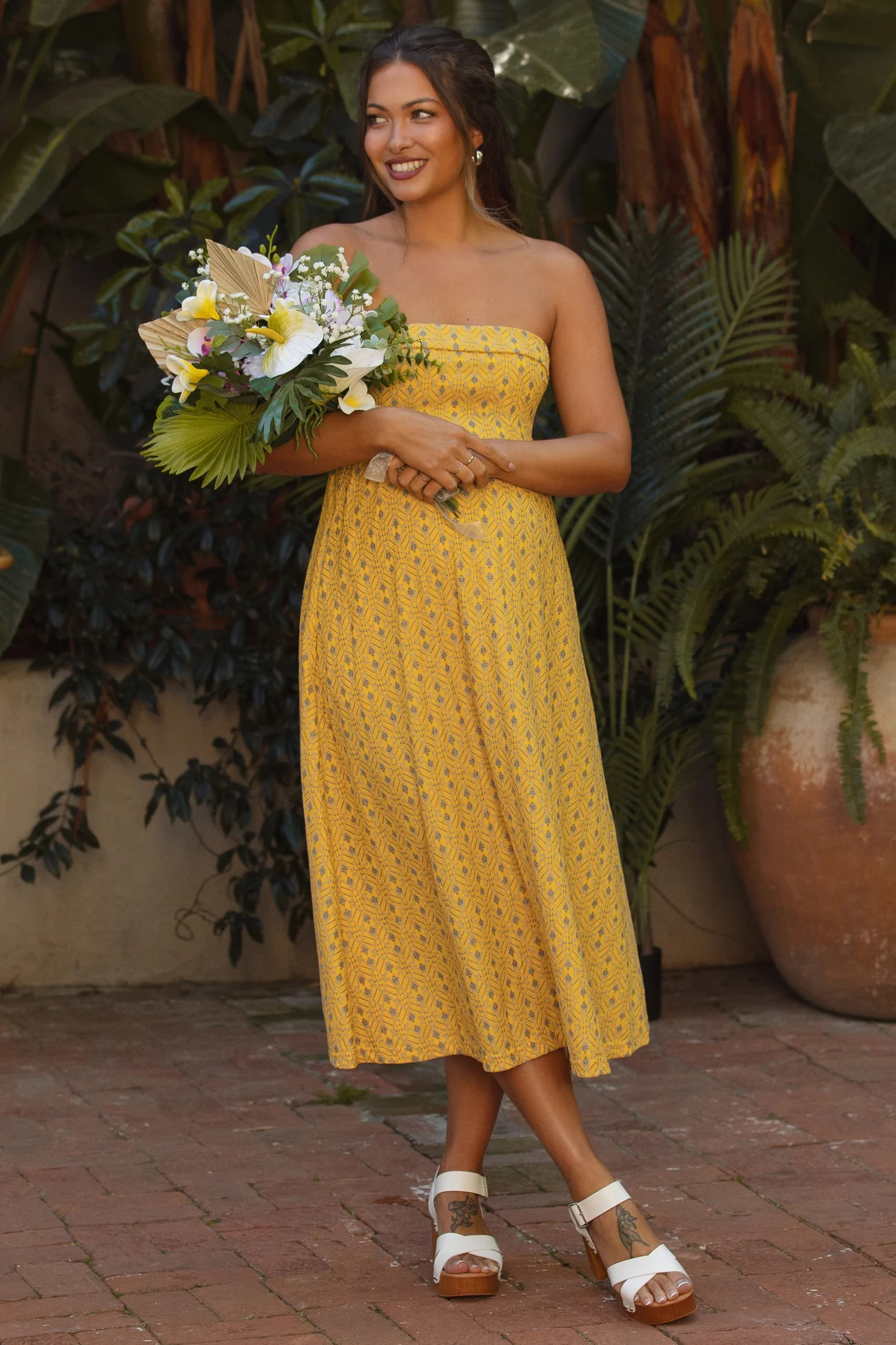 Yellow Lace Strapless Lace Up Back Maternity Midi Dress | PinkBlush Maternity