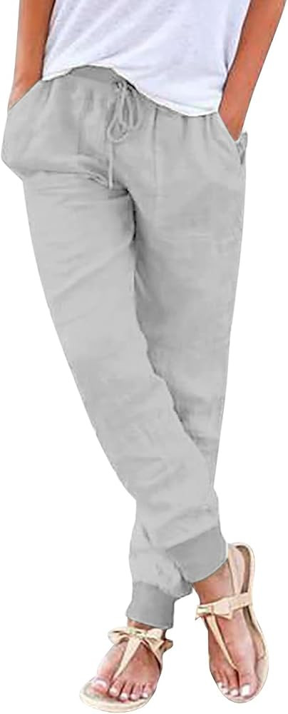 Women's Casual Pants with Pokets Elastic High Waist Loose Trousers Summer Lightweight Wide Leg Jo... | Amazon (CA)
