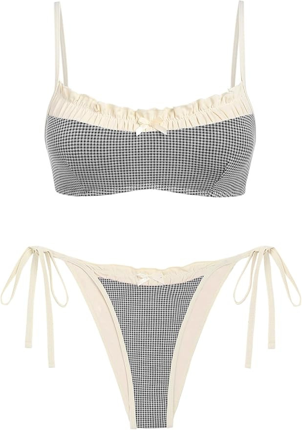 ZAFUL Bikini Sets for Women Plaid Ruffles Trim Swimsuit Sexy Tie Back Bowknot Triangle High Cut T... | Amazon (US)