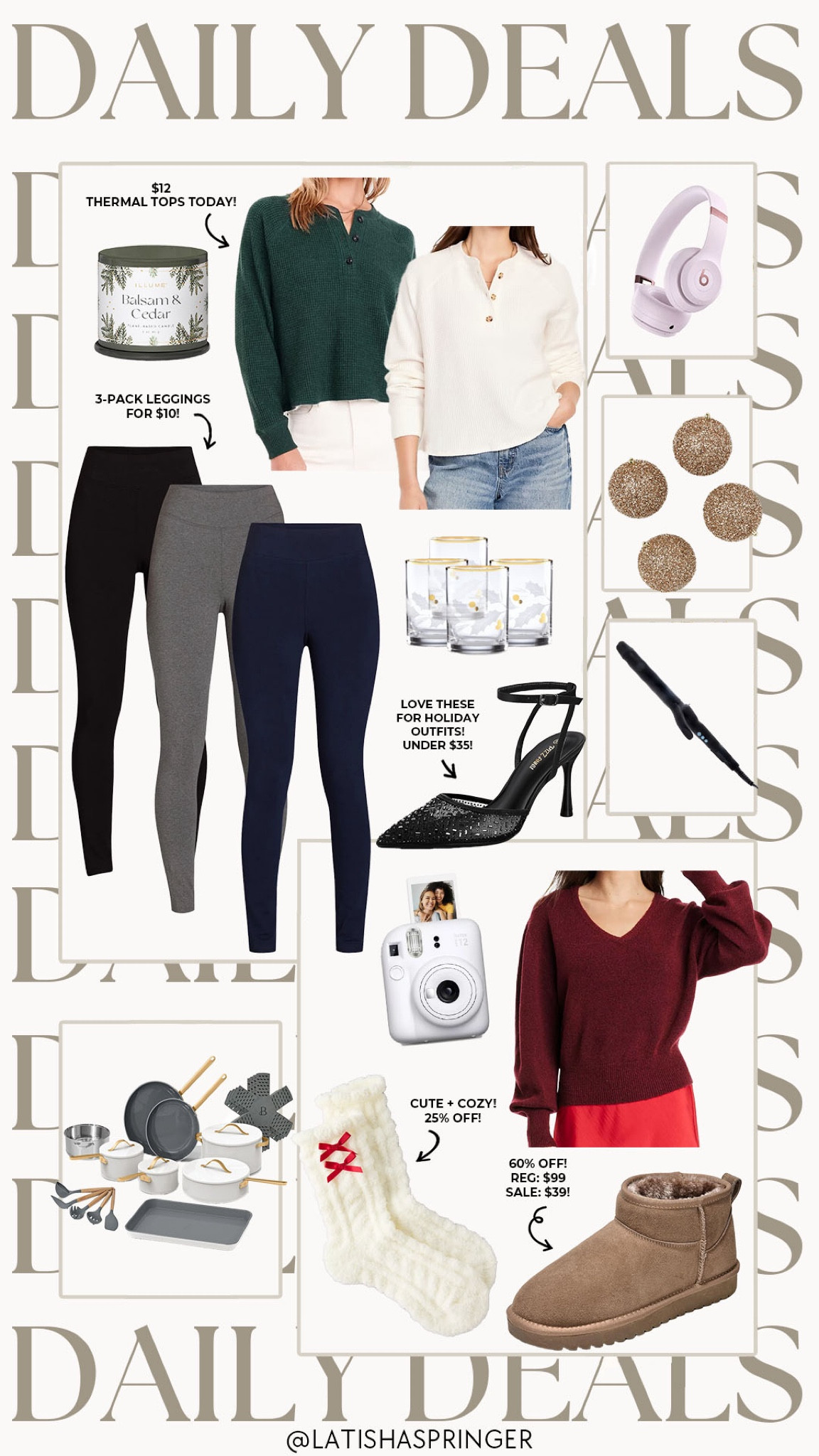 Daily deals! 

#dailydeals

Walmart deals. Walmart early Black Friday deals. Walmart leggings. Amazon deals. Amazon holiday heels. Amazon holiday candle. Target deals. Target holiday home decor. Thermal waffle knit top. Beautiful pots and pans. Target holiday gift ideas. 

#LTKSaleAlert #LTKHoliday #LTKFindsUnder100