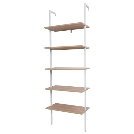 5-Shelf Wood Modern Bookcase Open Wall Mount Ladder Bookshelf with Industrial Metal Frame Walnut Col | Walmart (US)