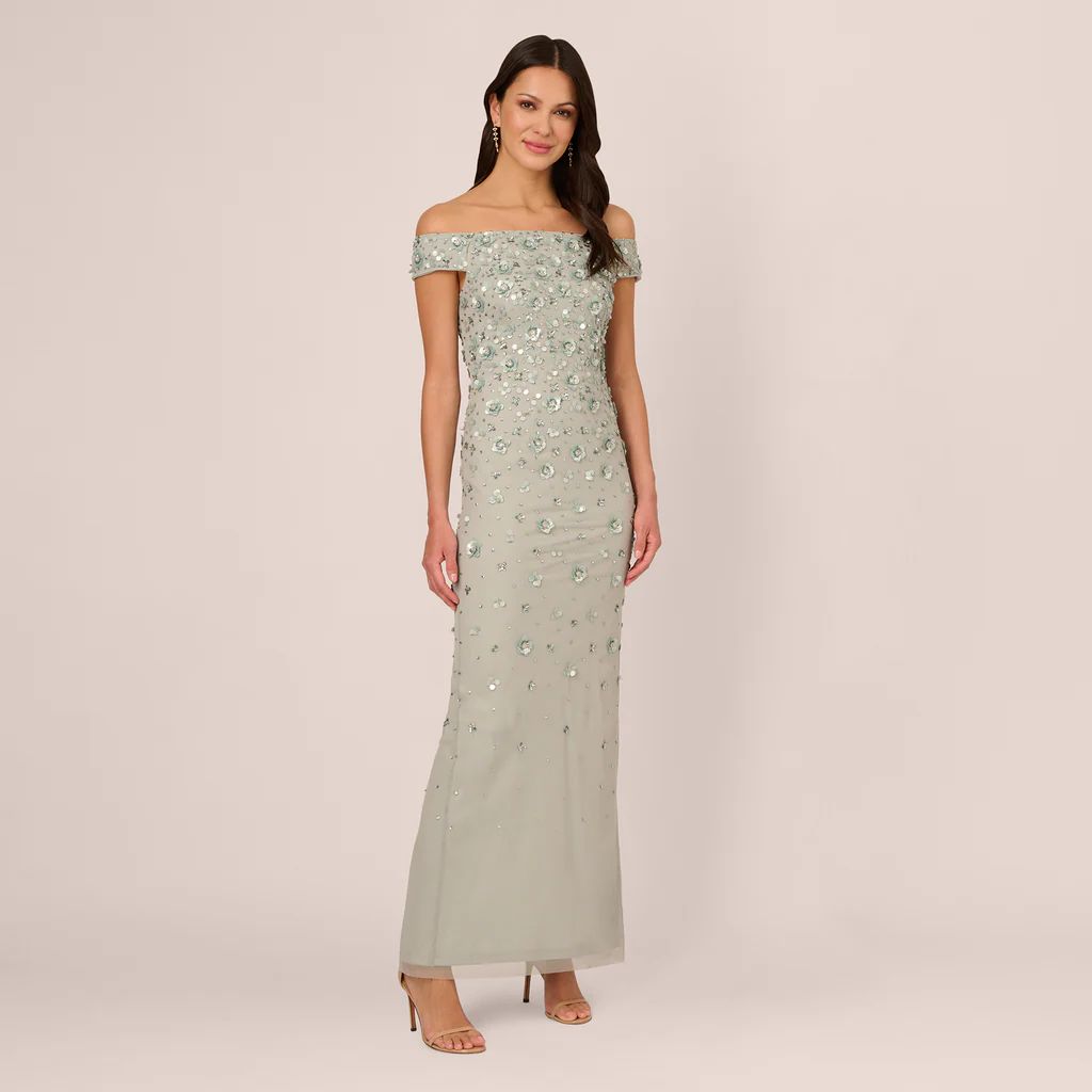 Off Shoulder Dress With Floral Embellishment In Frosted Sage | Adrianna Papell
