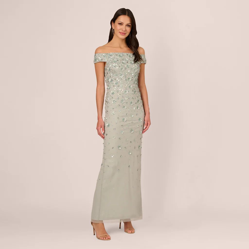 Off Shoulder Dress With Floral Embellishment In Frosted Sage | Adrianna Papell