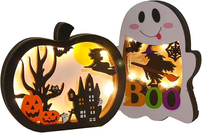 SULOLI Halloween Wooden Lighted Pumpkin for Tabletop, 2pcs Light Up Pumpkin Ghost Lamp Lantern Sh... | Amazon (US)