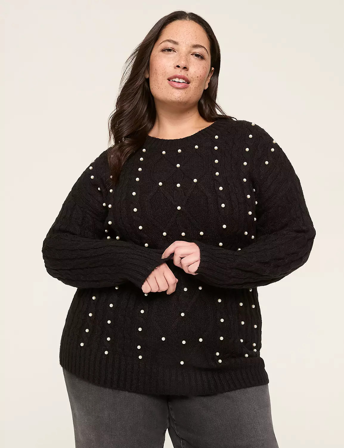 Pearlized Embellished Crew-Neck Cable Sweater | Lane Bryant (US)