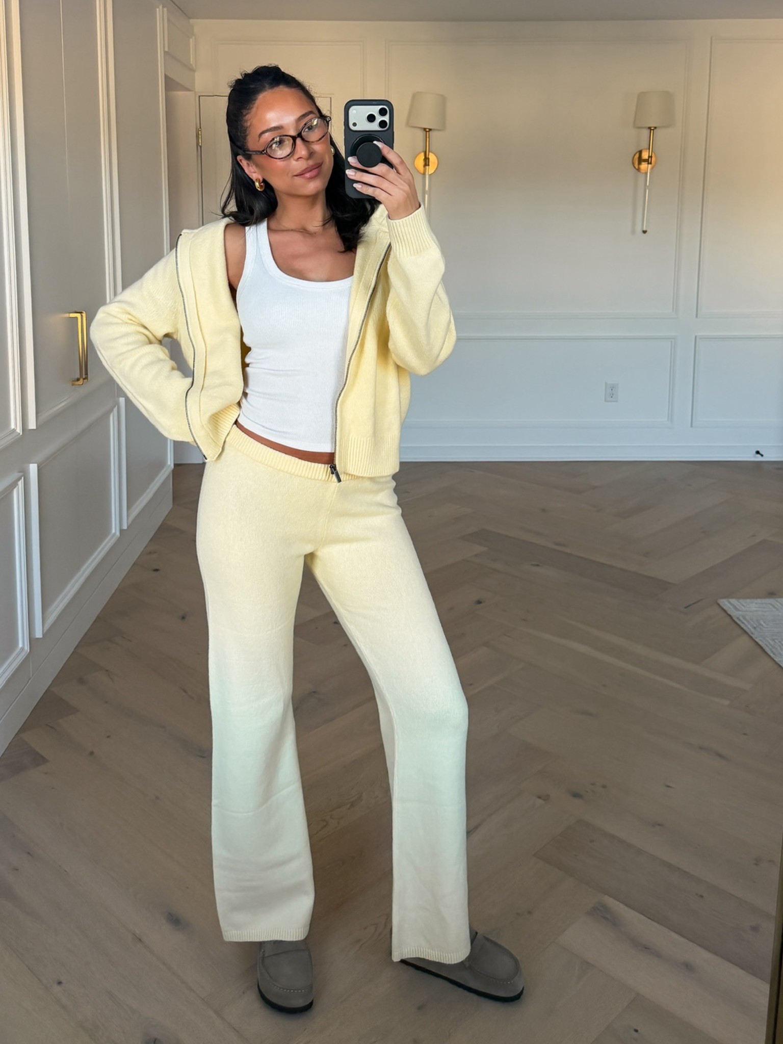 Spring outfit on SALE! Wearing size S white tank, size M sweater pants, size L zip up jacket, birks run large! 💛 This set is so fun, comfortable, and perfect for spring! 

spring fashion, spring style, casual outfit, work from home outfit, loungewear, travel outfit, airport outfit, mom outfit, postpartum outfit

#LTKSaleAlert #LTKSeasonal #LTKmomlife