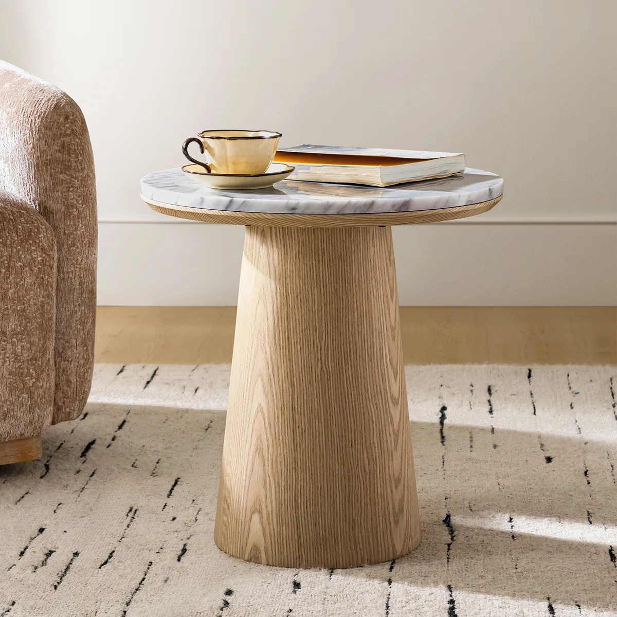 Myconos Modern Round End Table with Genuine Marble Top and Oak Veneer | Wayfair North America