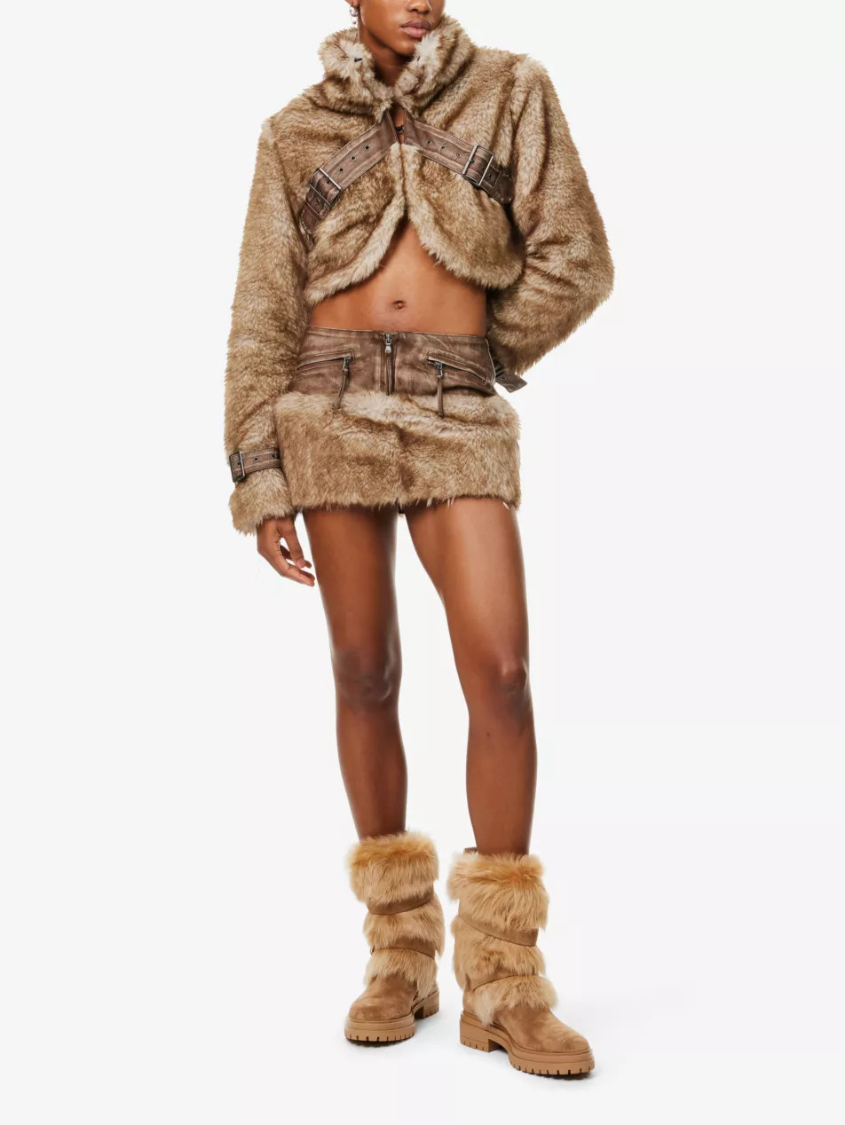 Raven faux-fur embellishment faux-leather mini skirt | Selfridges