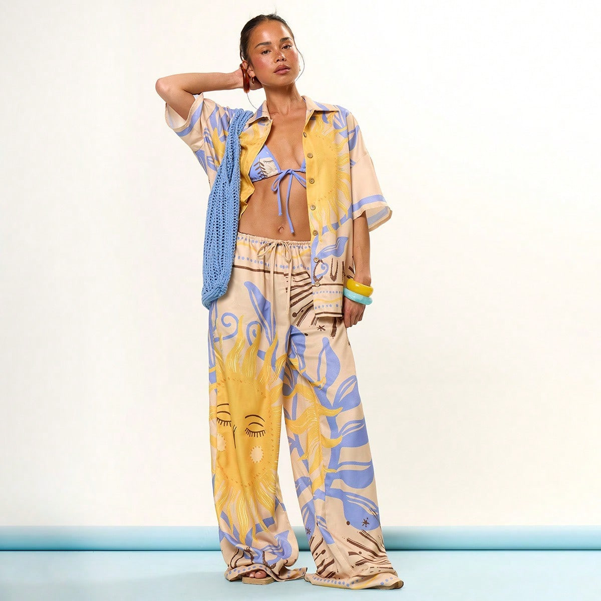 MUSERA Wide Leg Tie Front Graphic Sun Solar Print Trousers Beach Cover Up Swim Summer Vacation Holiday Festival Cute Casual Elegant Tuscan Sun | SHEIN