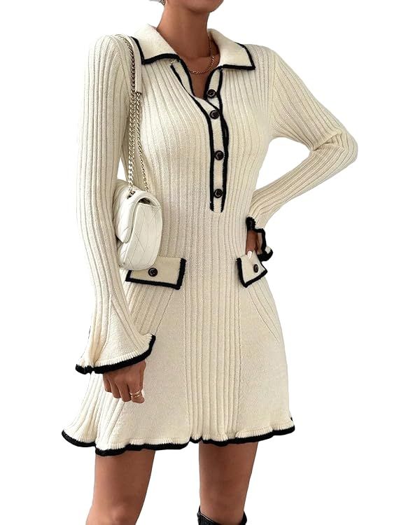 Ladyful Women's Sweater Mini Dress Long Sleeve Sexy Bodycon Button Front V-Neck Knit Pullover Dre... | Amazon (US)