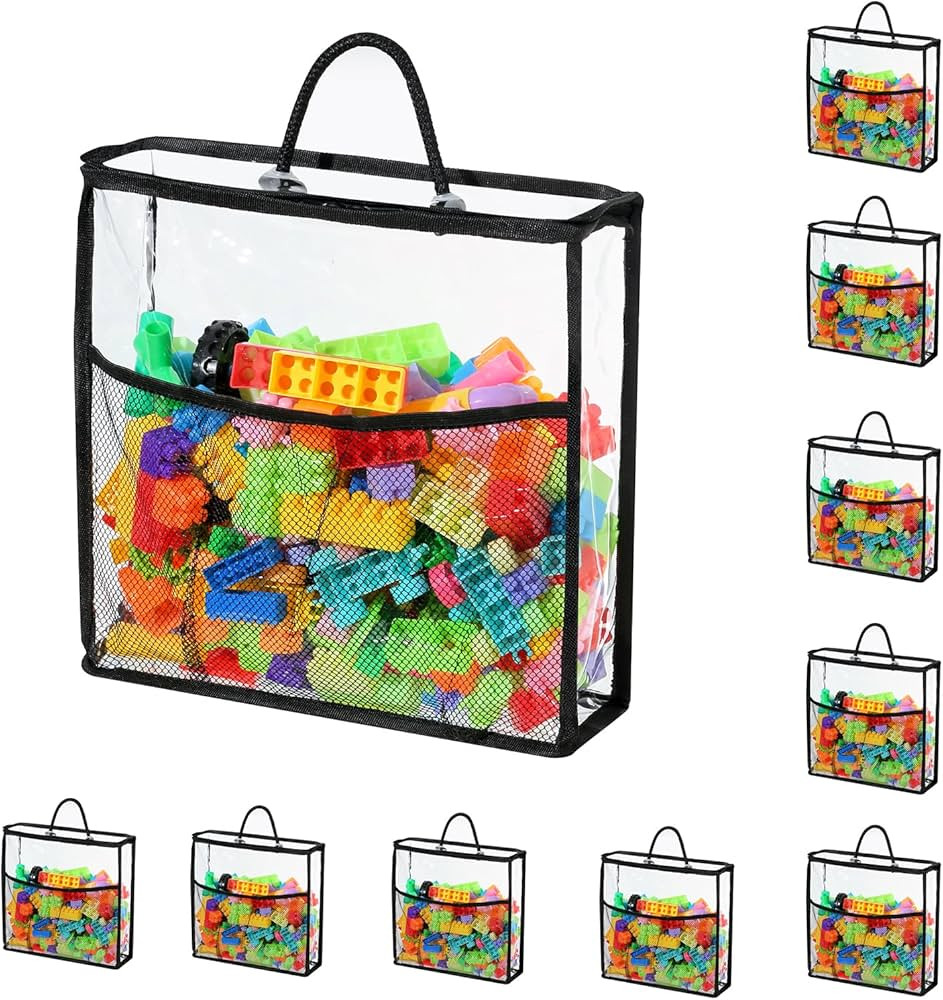 10 PCS Clear Zippered Toy Storage Bags with handle, Kids Toy Storage Organizer with Mesh Pocket f... | Amazon (US)