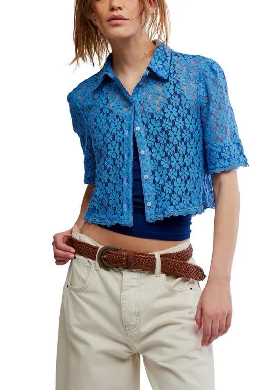 Free People Mannie Floral Lace Button-Up Crop Shirt in Blissful Blue at Nordstrom, Size X-Small | Nordstrom