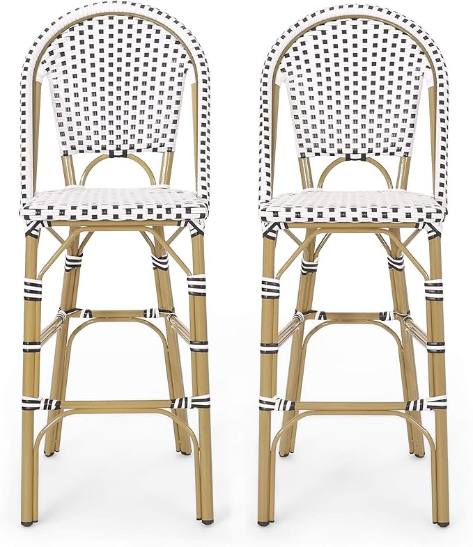 Christopher Knight Home Kinner Outdoor French Bistro Barstools - Aluminum and Wicker - Black/Whit... | Amazon (US)