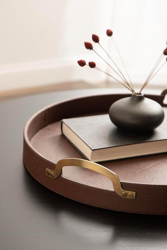 Kate and Laurel Oxbury Decorative Vegan Leather Round Tray with Handles, 18 Inch Diameter, Brown ... | Amazon (US)
