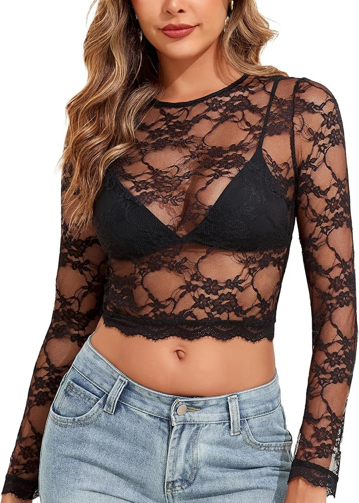 YYA Womens Mesh Tops Lace Long Sleeve Shirts Crewneck Slim Fitted Outfits See Through Blouses S-X... | Amazon (US)