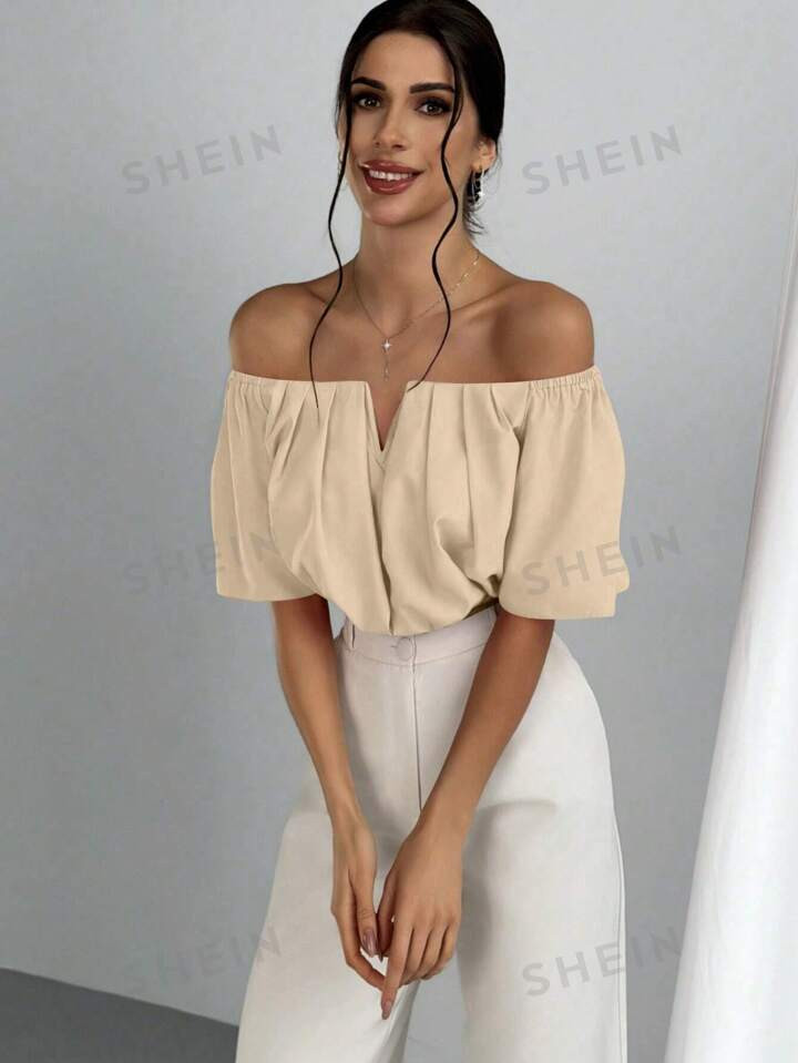 SHEIN Privé Plus Size Elegant Elasticized Off-Shoulder Pressed Pleat Short V-Neck Blouse, Perfec... | SHEIN