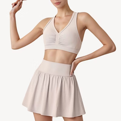 Anna-Kaci Active Women's Two-Piece Activewear Set with V-Neck Ruched Sports Bra and High Waist Flare Skirt - Large, Beige | Target