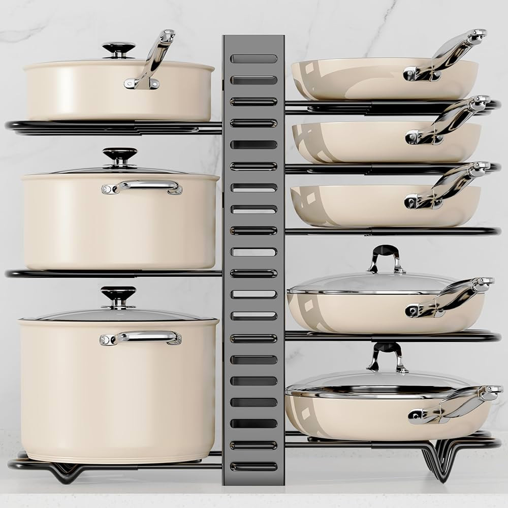 Pots and Pans Organizer Rack for Cabinet - 8-Tier Adjustable Rack Heavy-Duty Under Cabinet Pot an... | Amazon (US)