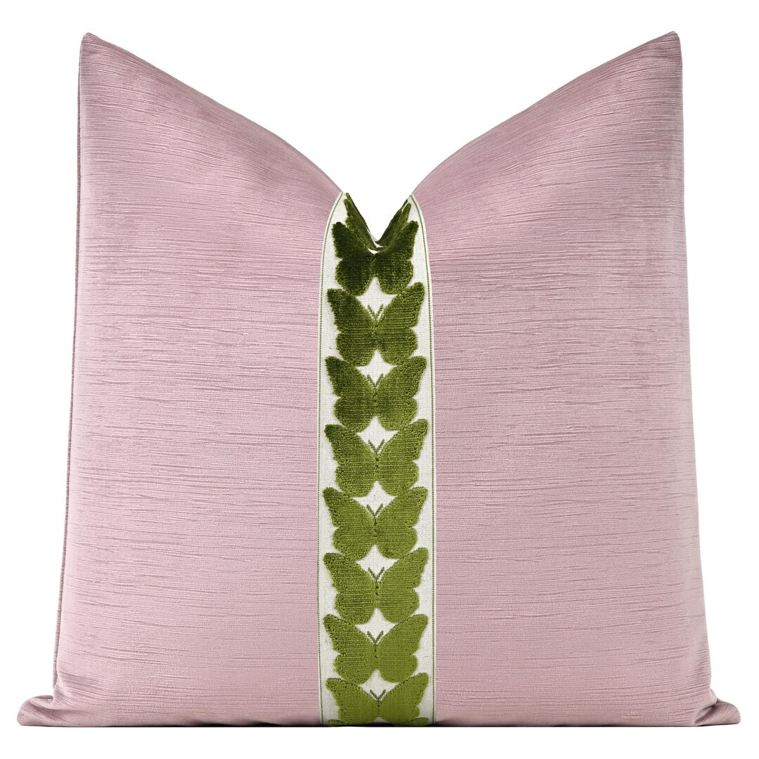 Striated Velvet Pillow Cover With Butterfly Trim | Woodrose Designer Throw Pillow Cover With Gree... | Etsy (US)