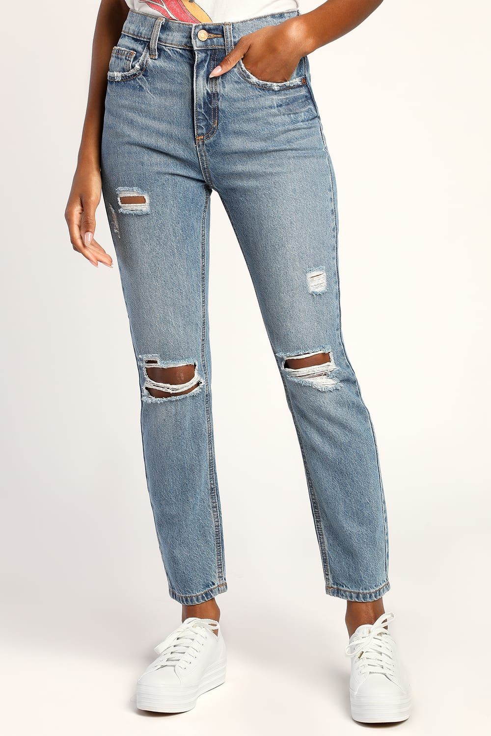 Curb Appeal Medium Wash High Rise Distressed Straight Leg Jeans | Lulus (US)
