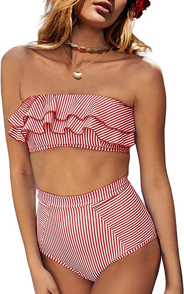 Saodimallsu Women High Waisted 2 Piece Bikini Set Bandeau Ruffle Swimsuit Top Striped Bathing Sui... | Amazon (US)