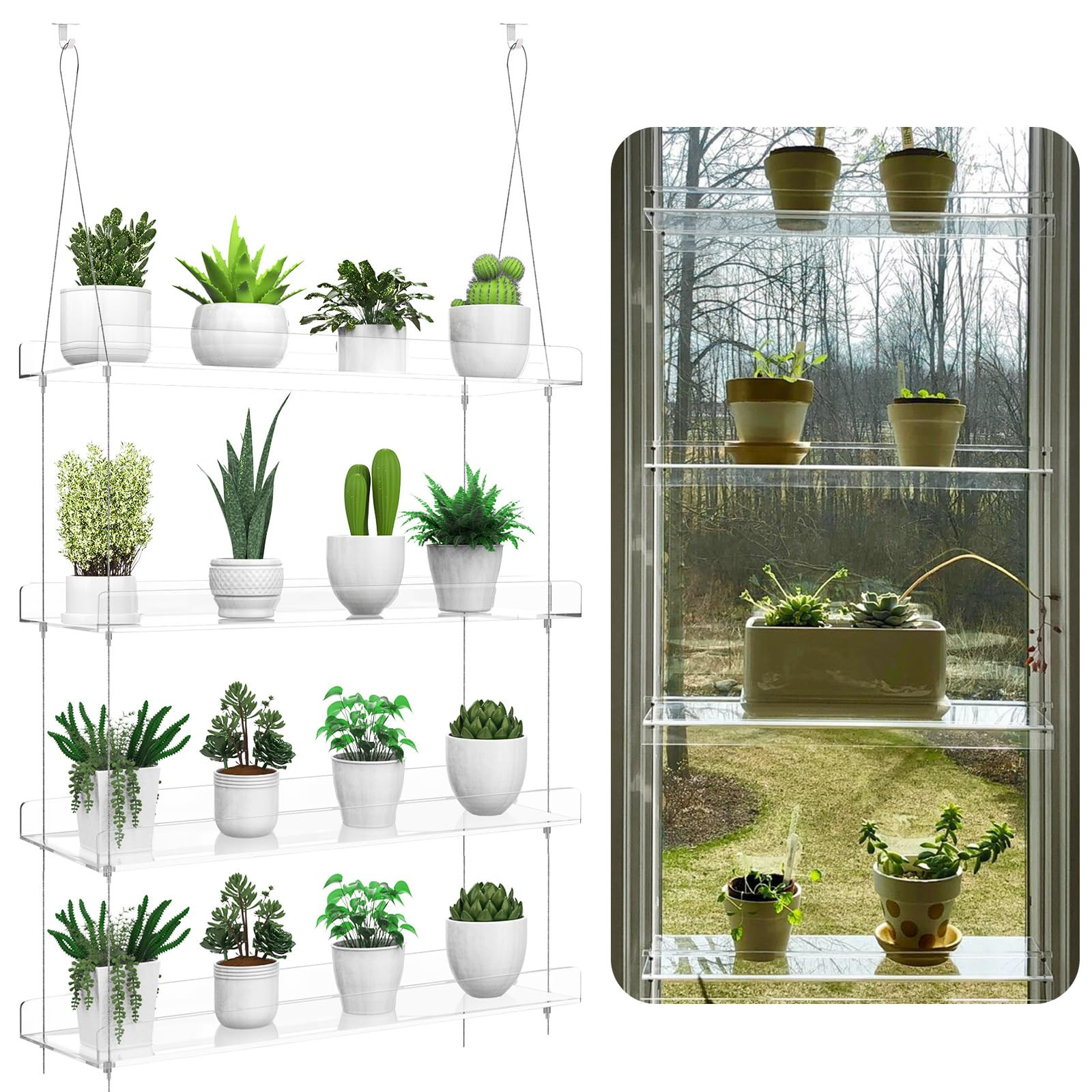 4-Tier Hanging Clear Plant Shelves for Windows, Acrylic Window Wall Plant Stand Shelf for Kitchen... | Amazon (US)