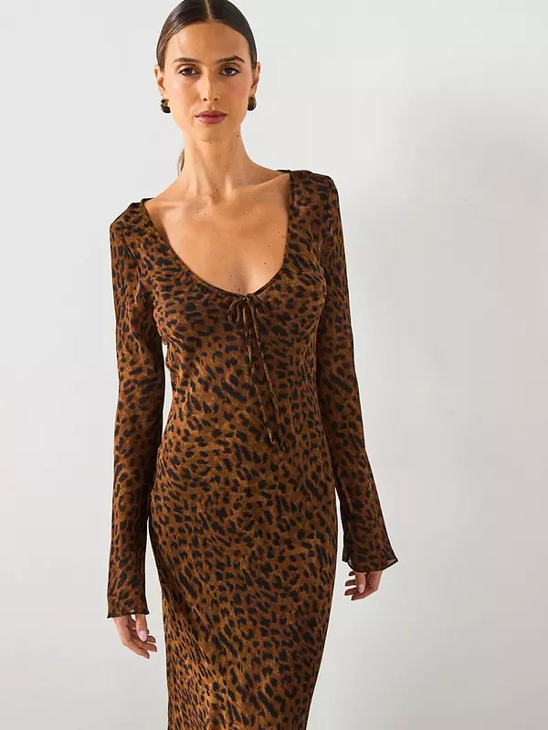 Mango Long Sleeved Leopard Print Dress - Black | Very (UK)