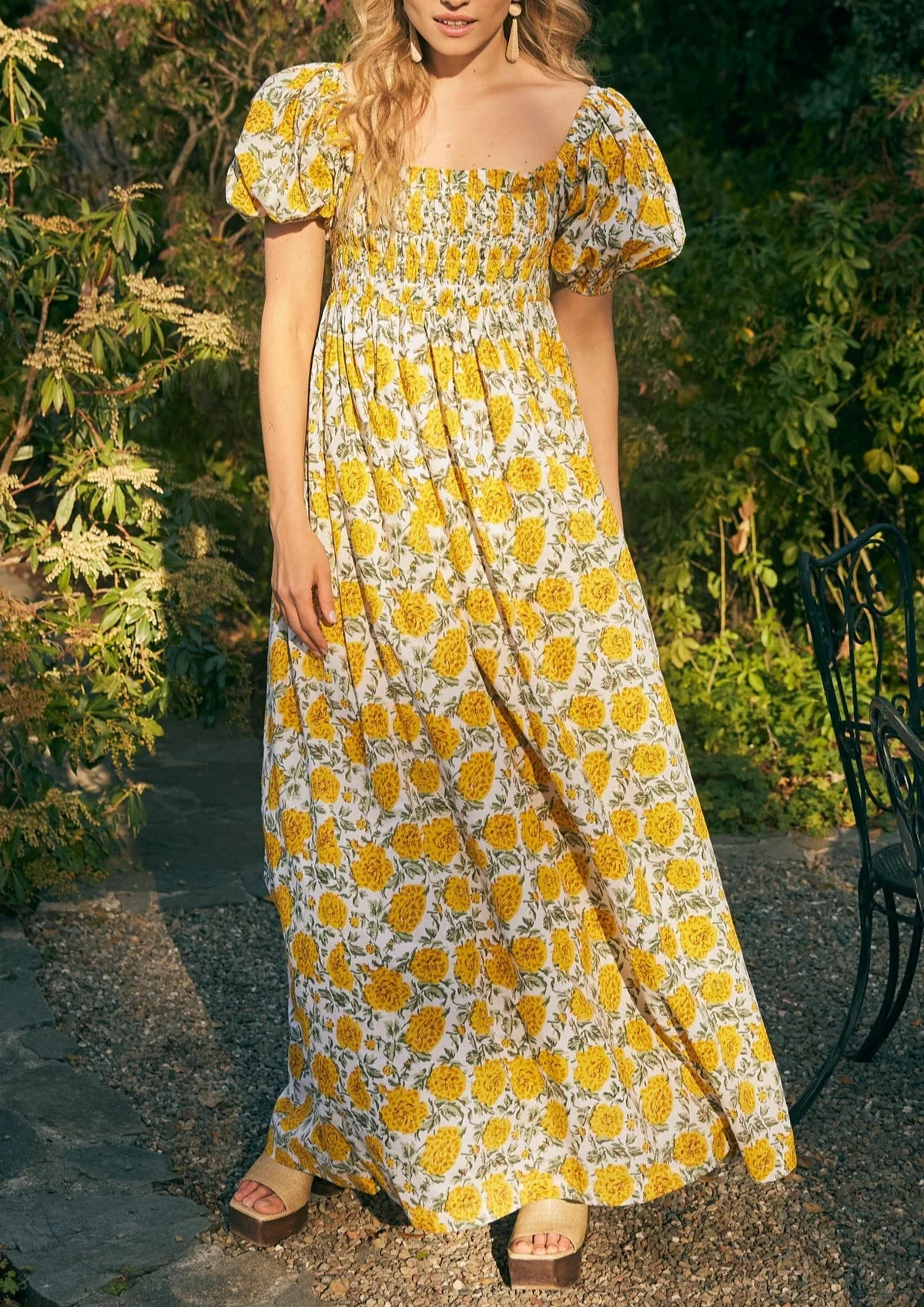 Aurora Puff Sleeve Maxi Dress in Cream & Canary Floral | Over The Moon