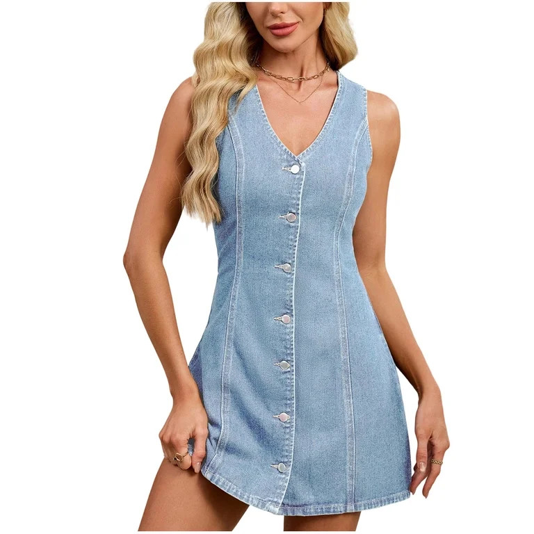 Women Denim Dress Jean Sleeveless Button Down V-Neck Mini Tank Summer Casual Babydoll Dresses Wes... | Walmart (US)