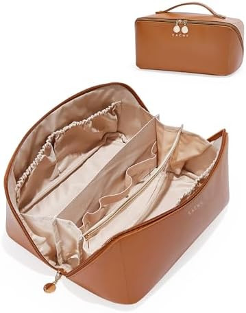 EACHY Travel Makeup Bag, Large Capacity Cosmetic Bag for Women, Waterproof PU Leather, Flat Open ... | Amazon (US)