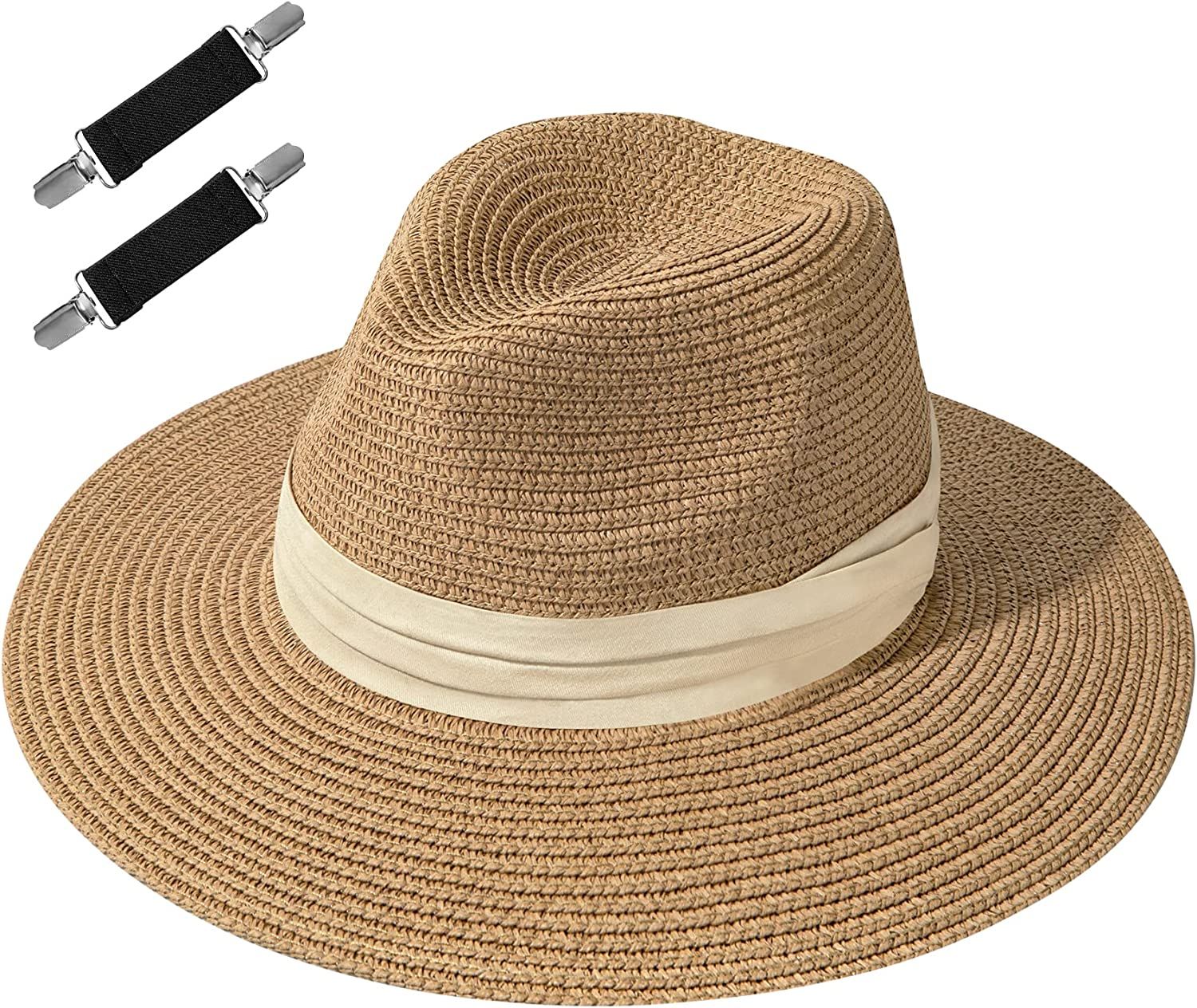 Panama Hats for Women with 2 Hat Clips Summer Wide Brim Fedora Sun Hat Roll Up Straw Hat UPF 50+ | Amazon (US)