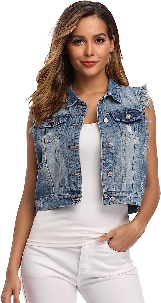 MISS MOLY Women Denim Vest Sleeveless Jean Vest with Chest Pockets | Amazon (US)