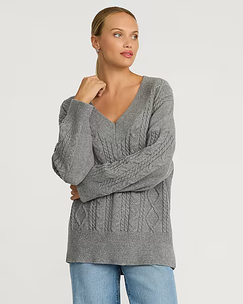 Cable Knit V-Neck Tunic Sweater | Express