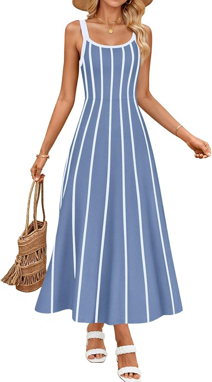 ZESICA Womens 2025 Summer Sleeveless Striped Midi Dresses Casual A Line Swing Knit Long Dress Bea... | Amazon (US)