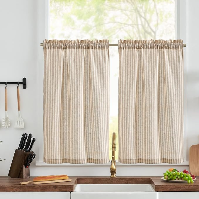 jinchan Kitchen Curtains Striped Tier Curtains Ticking Stripe Linen Curtains Pinstripe Cafe Curta... | Amazon (US)