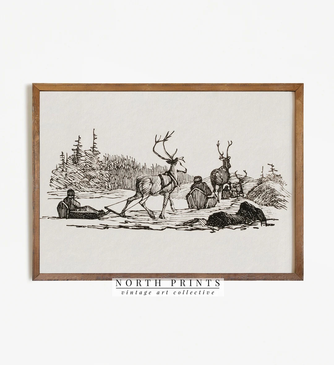 Vintage Reindeer Sketch Christmas Landscape Etching Christmas Decor PRINTABLE 304 - Etsy | Etsy (US)