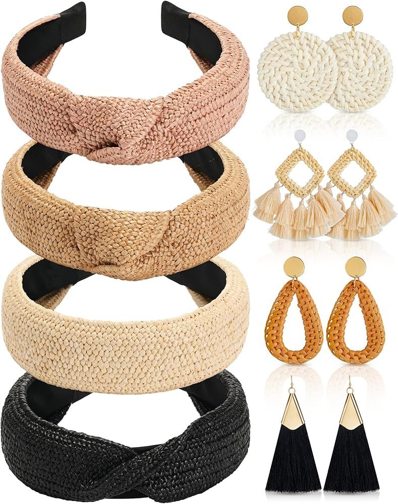 8 Pack Rattan Earrings Straw Headbands Set Woven Boho Earrings for Women Geometric Tassel Earring... | Amazon (US)