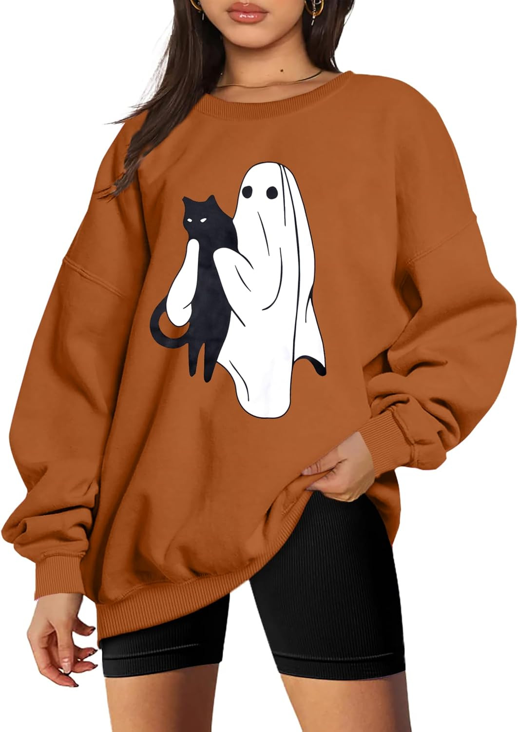 UNIQUEONE Halloween Sweatshirts for Women Halloween Black Cat Ghost Shirt | Amazon (US)