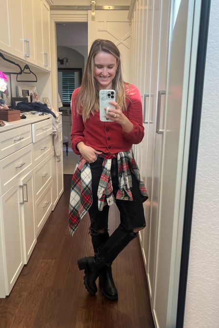 The plaid shirt tied around my waist is from the men’s section at Old Navy. It’s only $18 right now. I love to throw this on a basic outfit to make it more festive.

#LTKHoliday