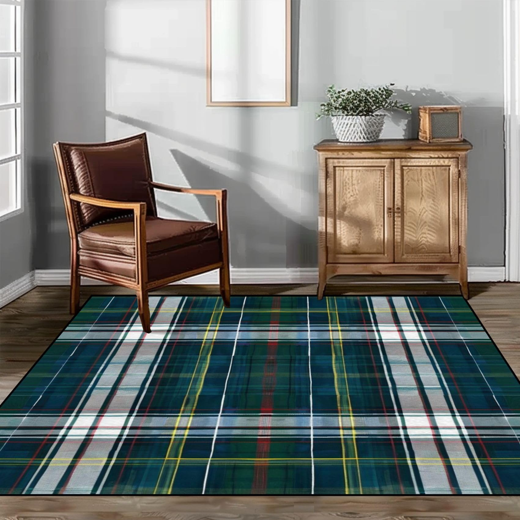Area Rug, Art Soft Non-Slip Rug, 5'x7' Rugs, White Navy Blue Green Tartan Plaid Scottish Pattern ... | Amazon (US)