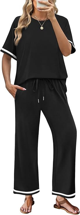 Sampeel 2 Piece Sets for Women Casual Summer Travel Vacation Outfits Short Sleeve Lounge Set | Amazon (US)