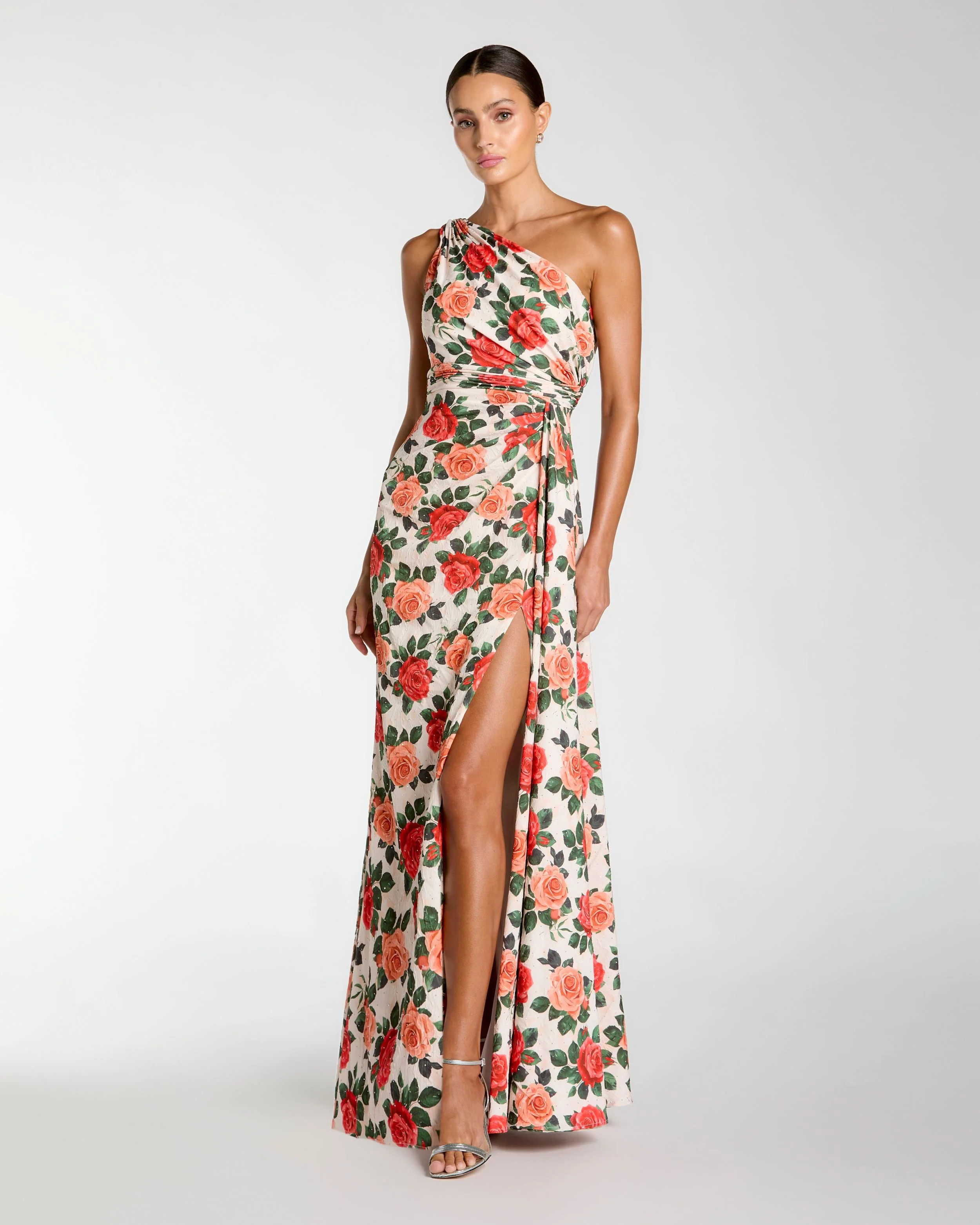 Multicolor Floral One Shoulder Slit Gown | Mac Duggal | Mac Duggal
