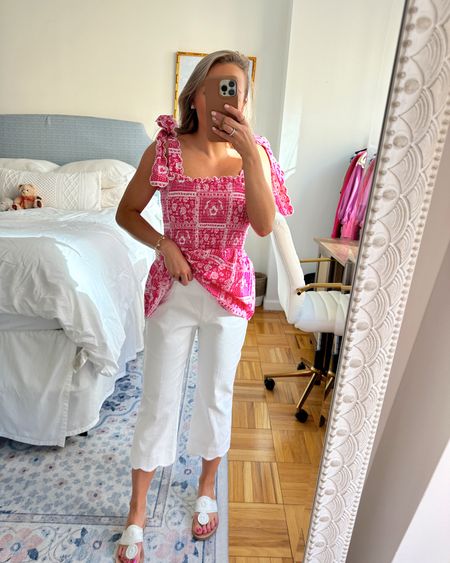 Belk summer top and white pants. Top is XS and jeans are 6P, but fit like a 2!

#LTKstyletip #LTKshoecrush #LTKSpringSale