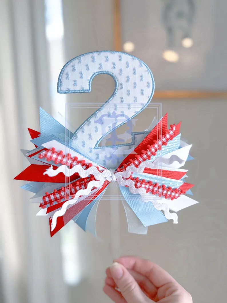 Red White & Blue Custom Heirloom Number Birthday Cake Topper With Ribbon | Embroidery Fabric Part... | Etsy (Global)