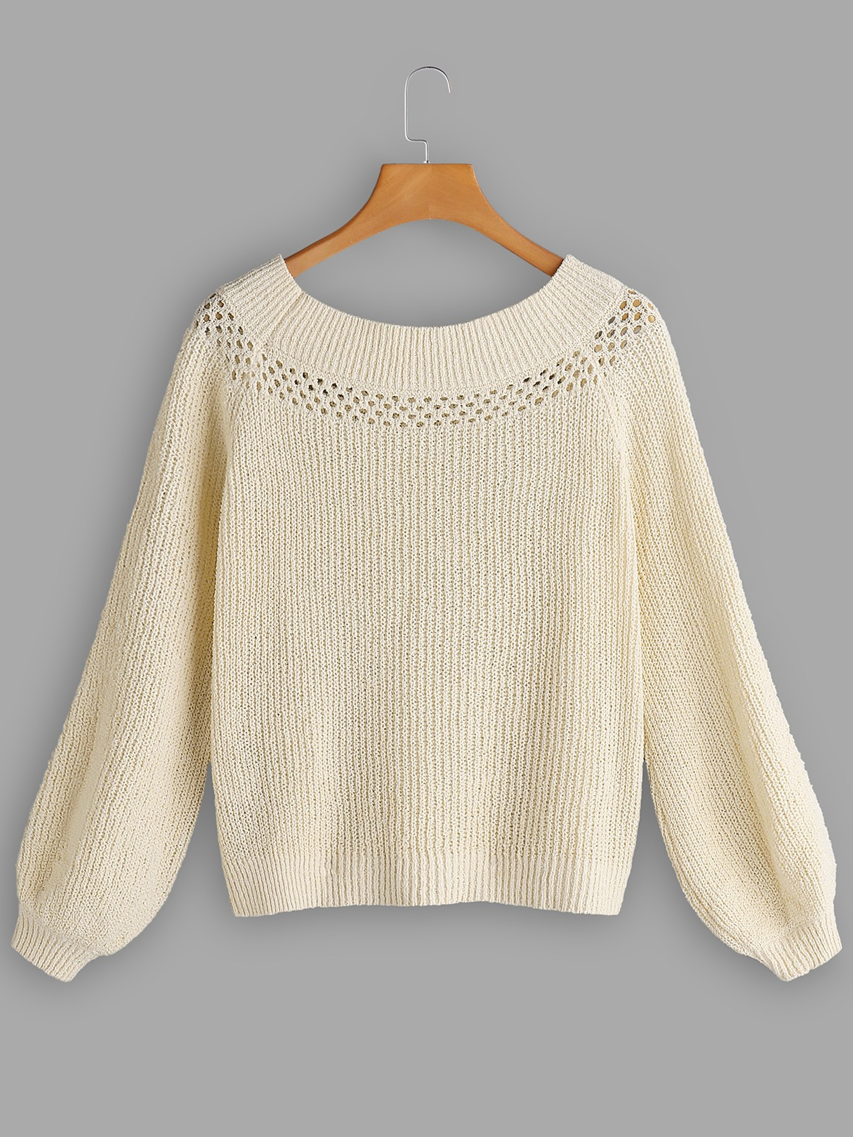 Beige Off The Shoulder Lantern Sleeves Sweater | YOINS