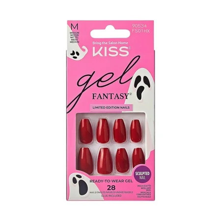 KISS Gel Fantasy Sculpted Halloween Press-On Nails, Solid Red, Medium, Coffin, 31 Ct. | Walmart (US)