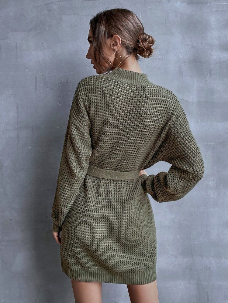 Mock Neck Drop Shoulder Belted Sweater Dress | SHEIN