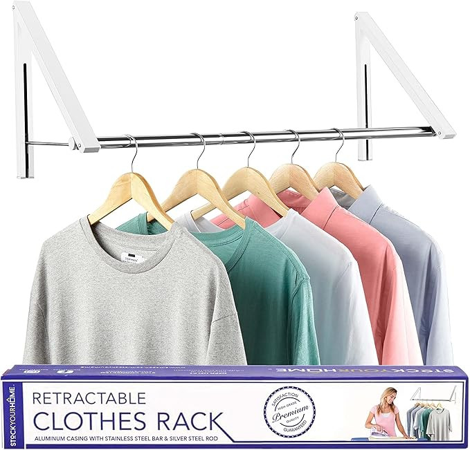 Double Foldable Clothing Rack w/Extension Rod, Wall-Mounted Retractable Clothes Hanger for Laundr... | Amazon (US)