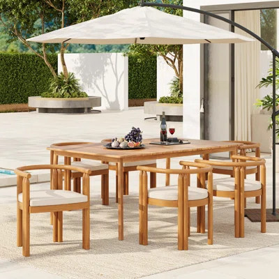 Hearthwood 7-Piece Modern Rustic Acacia Wood Patio Dining Set With Cushions | Wayfair North America