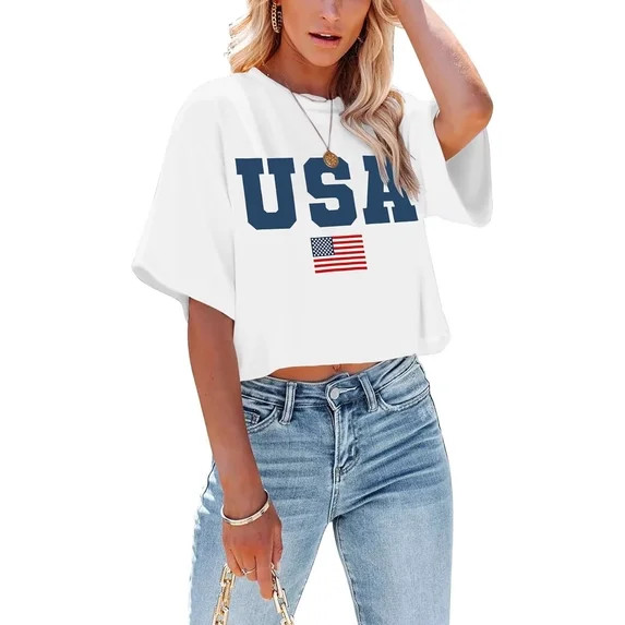 Womens American Flag T-Shirts 4th of July Shirts Patriotic Independence Day Tops (S,Short Crop Wh... | Walmart (US)